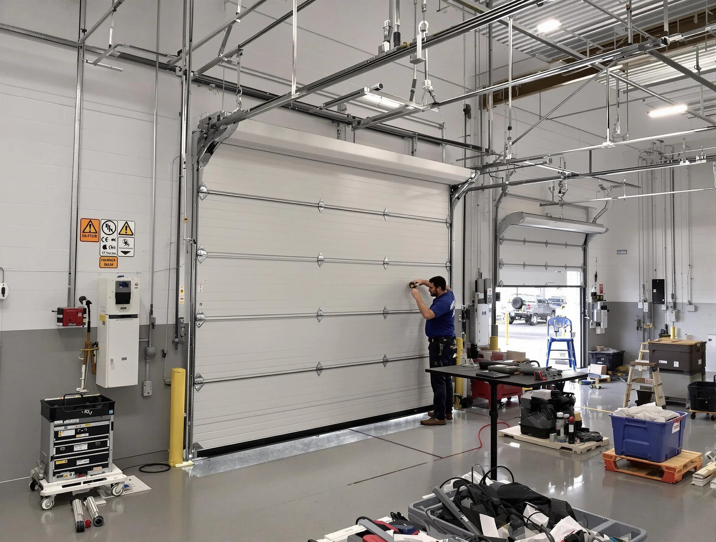 Commercial garage door repair being performed by Johnston Garage Door Repair expert in Johnston
