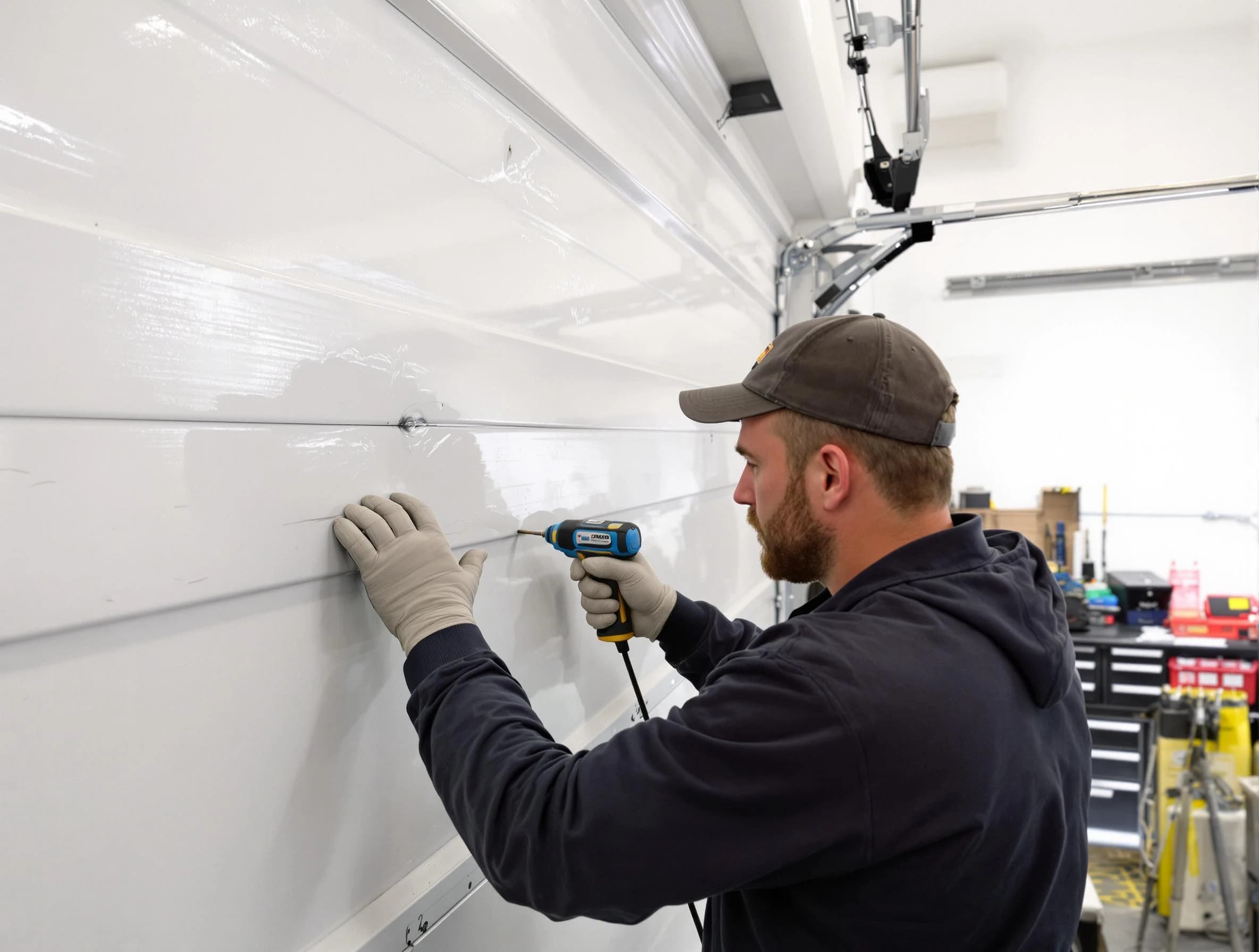 Johnston Garage Door Repair technician demonstrating precision dent removal techniques on a Johnston garage door