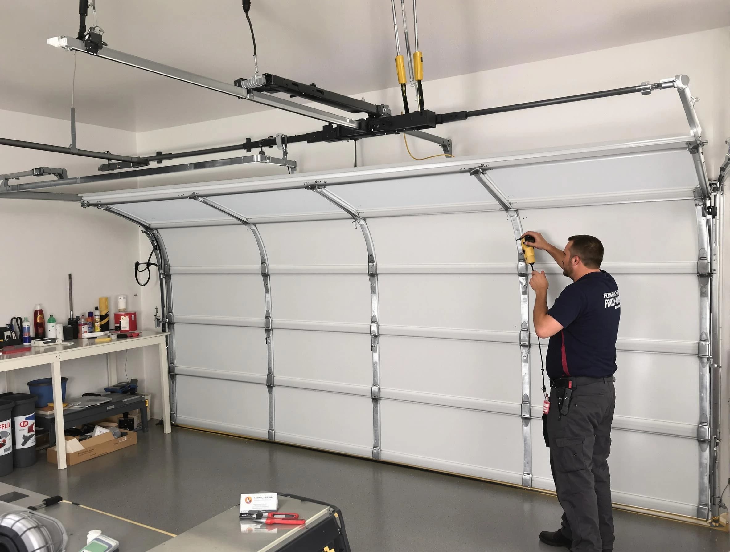 Johnston Garage Door Repair certified technician performing overhead door system repair in Johnston