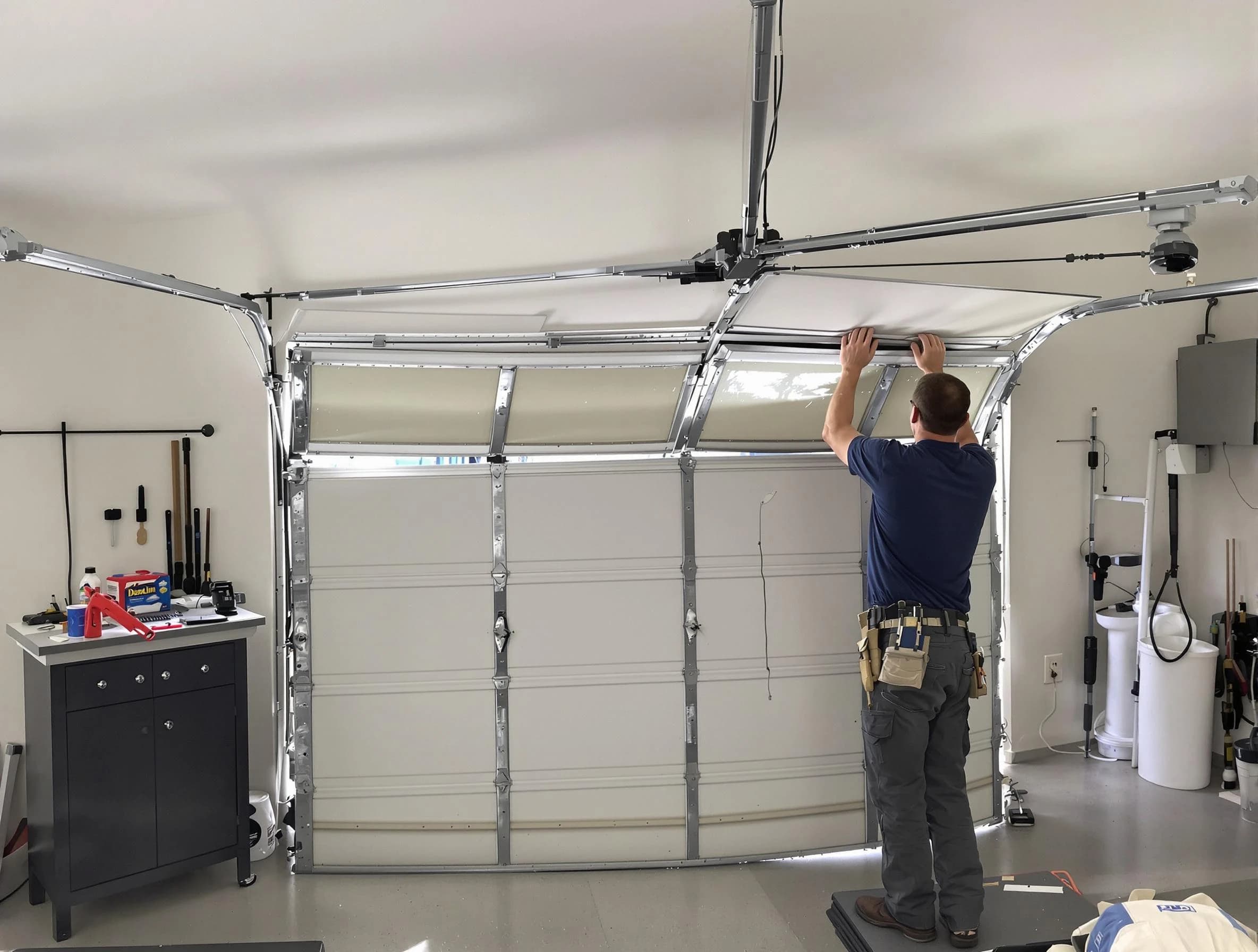 Johnston Garage Door Repair specialist performing precise section replacement on Johnston garage door