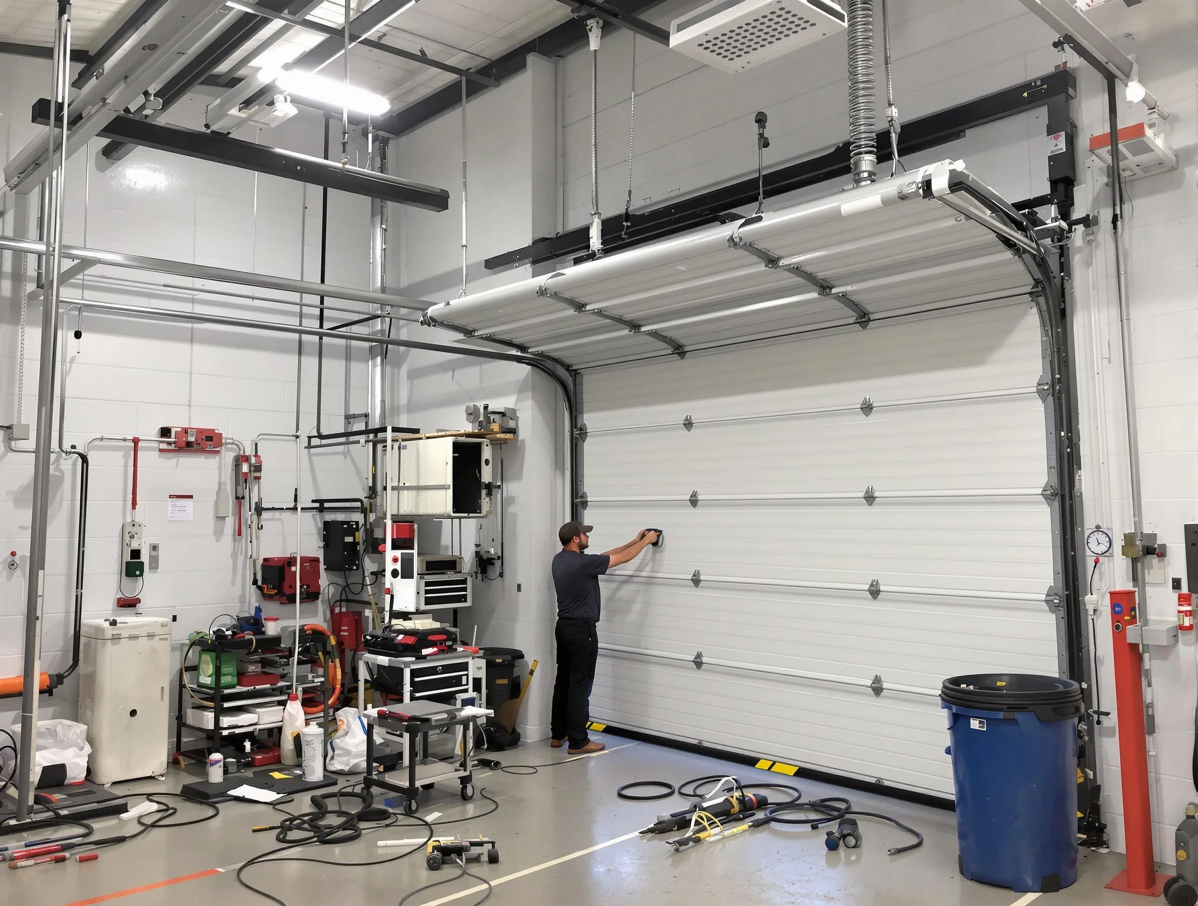 Johnston Garage Door Repair certified technician performing commercial door repair at a Johnston business facility