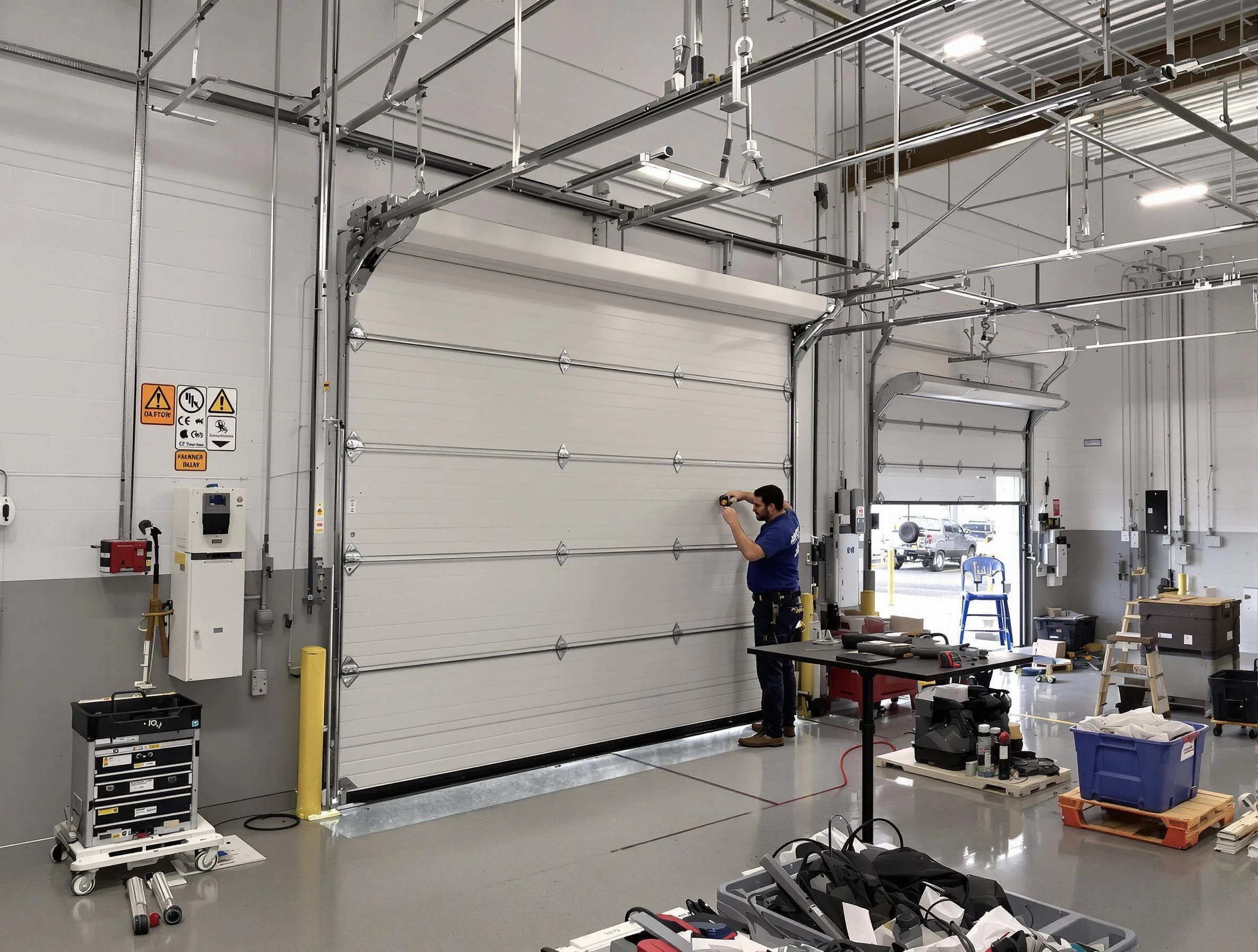 Commercial garage door repair being performed by Johnston Garage Door Repair expert in Johnston