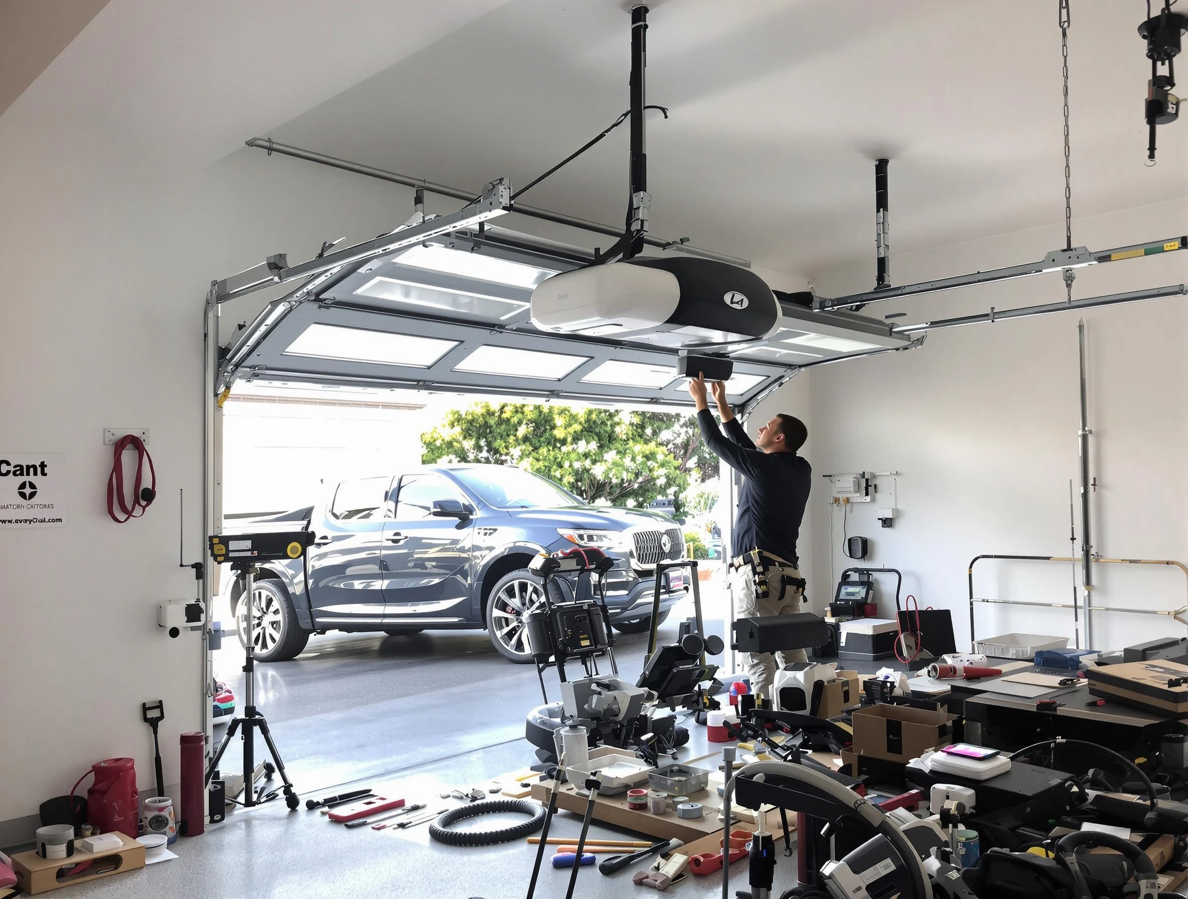 Johnston Garage Door Repair specialist installing smart garage door opener system in Johnston home