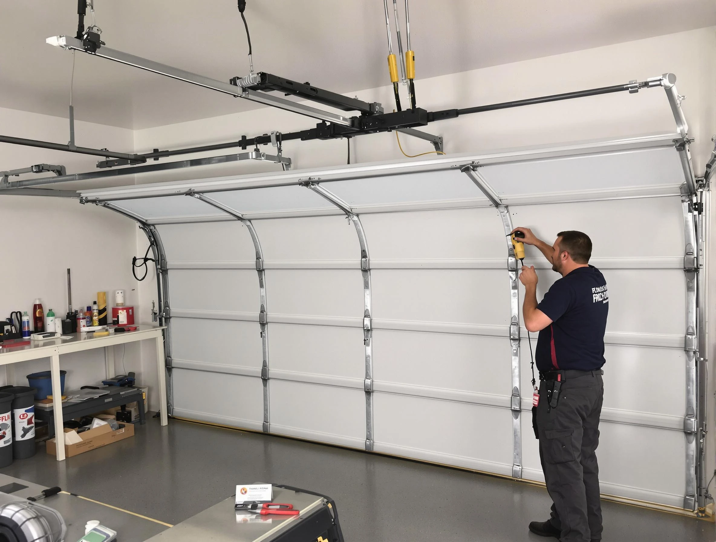 Johnston Garage Door Repair certified technician performing overhead door system repair in Johnston