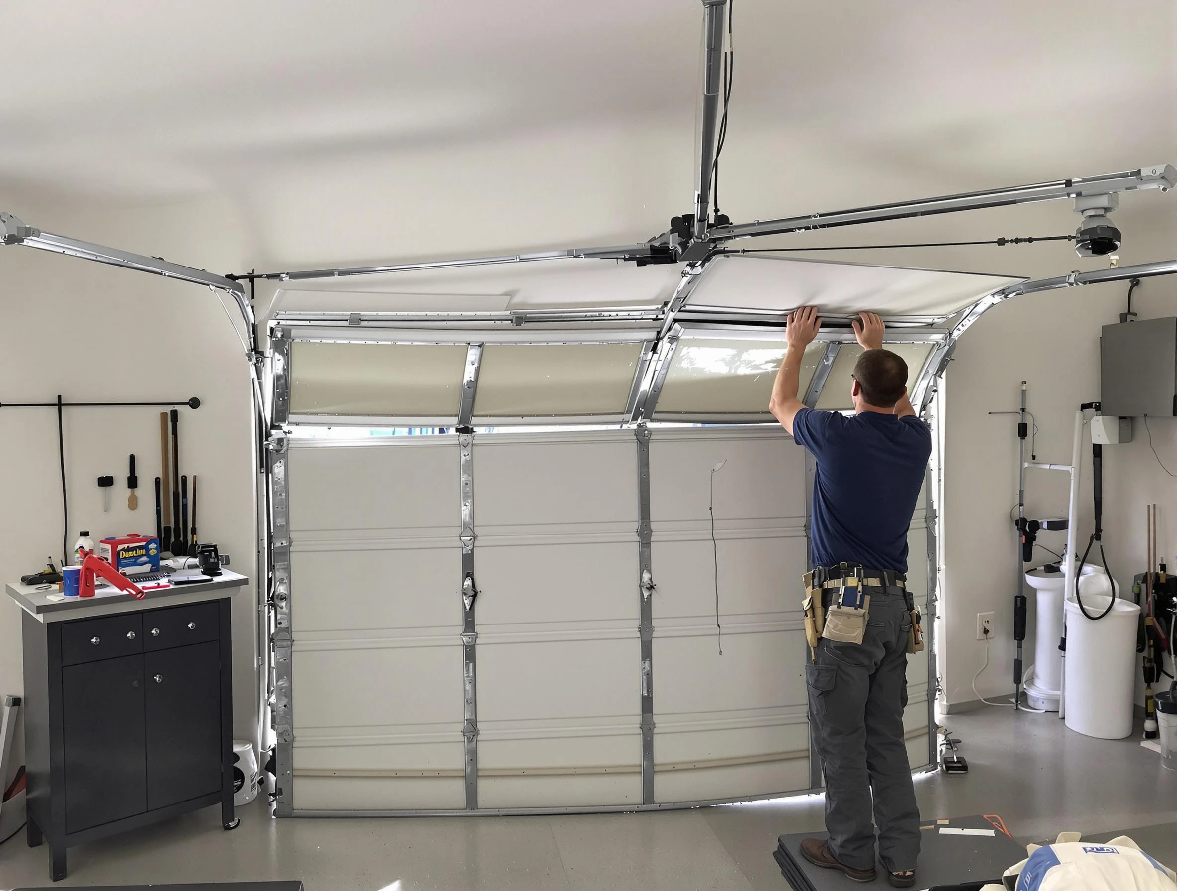 Johnston Garage Door Repair specialist performing precise section replacement on Johnston garage door