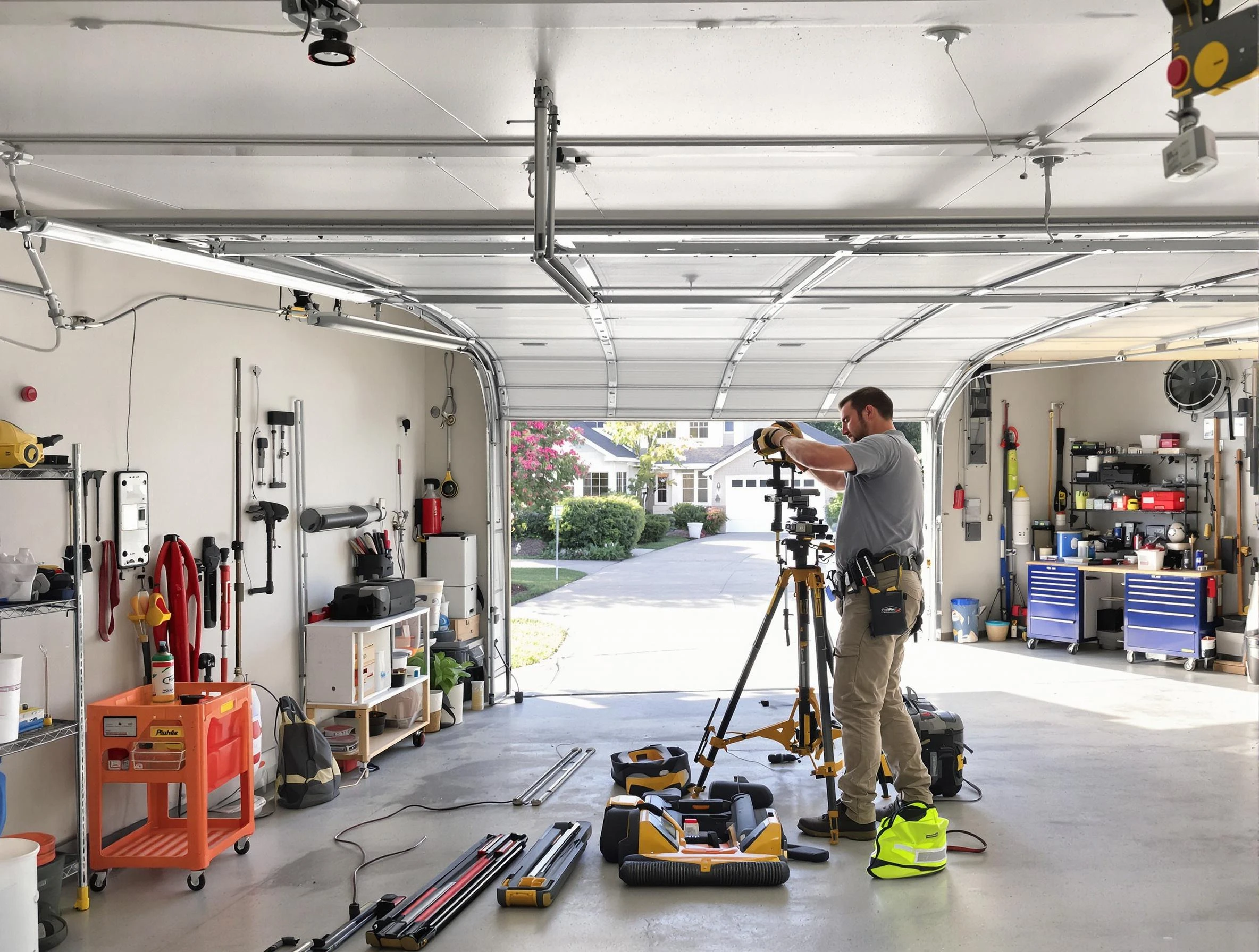 Johnston Garage Door Repair specialist performing laser-guided track alignment in Johnston
